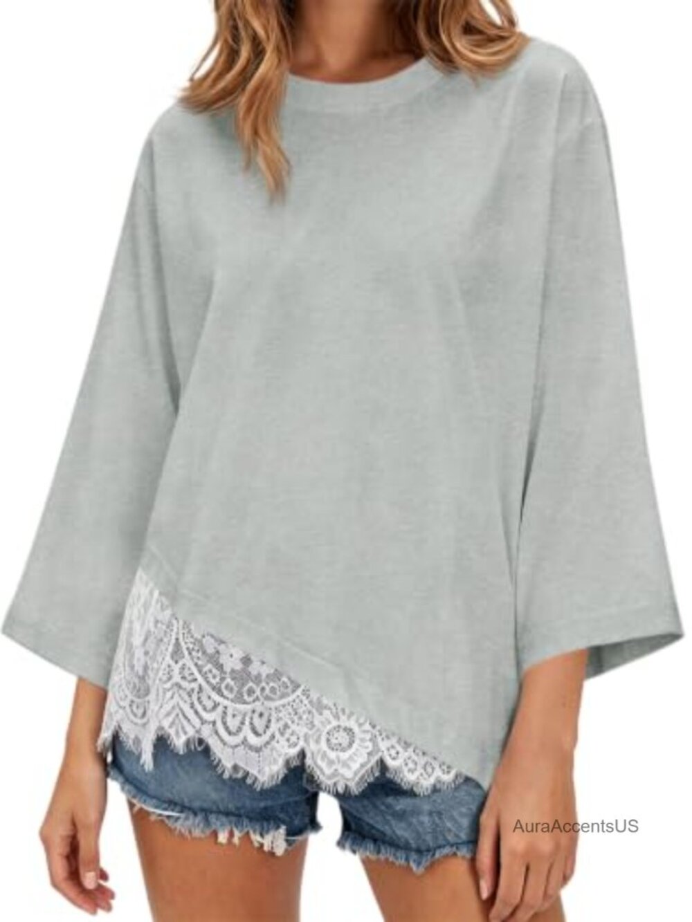 Oversized 3/4 Sleeve Lace Trim Tee Crew Neck Casual Top